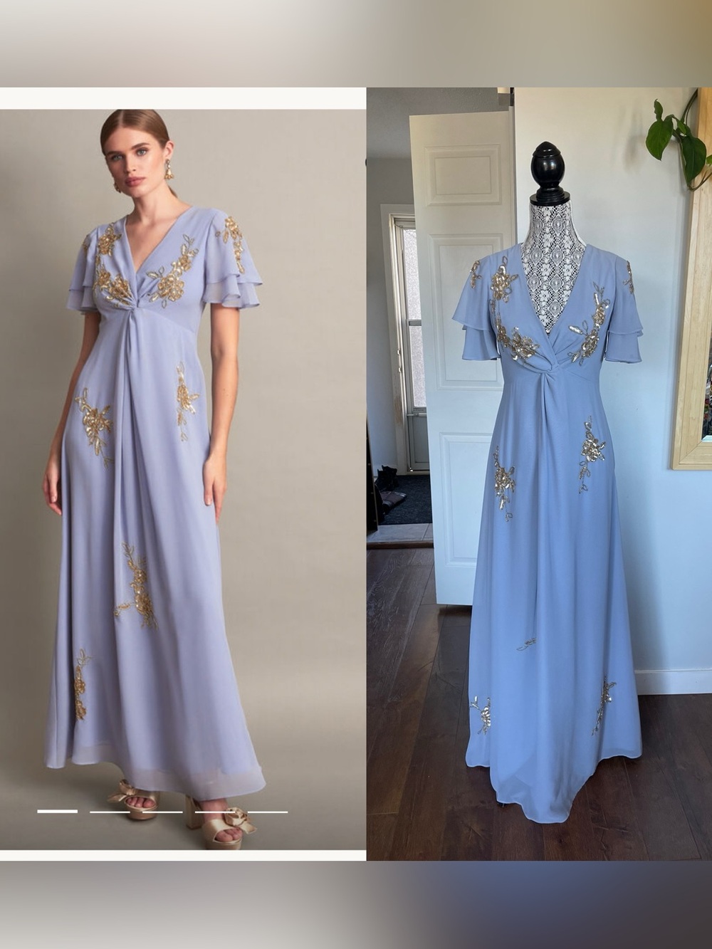 NWT Monsoon Periwinkle Blue Twist Front Maxi Dress Gown With Gold Sequin. Size 4